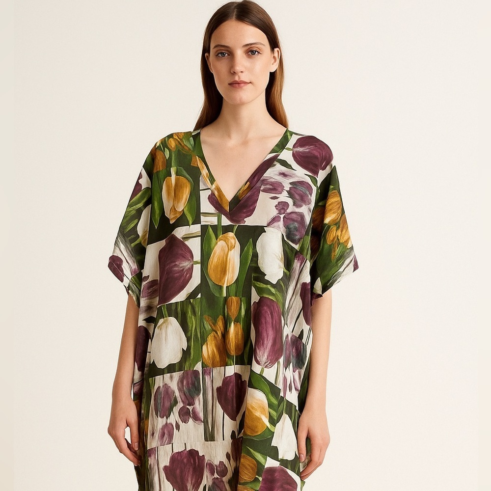 SHAN‎ Floral V-Neck Cover Up Swim Kaftan Dress Medium Size 10